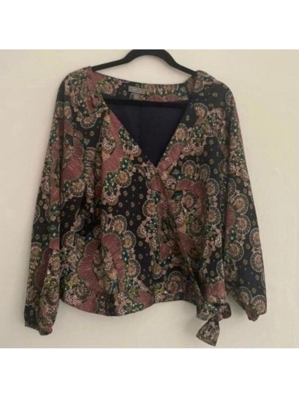 💕Point Sur V Neck Long Sleeve Paisley Wrap Blouse Top Shirt Boho Work Office